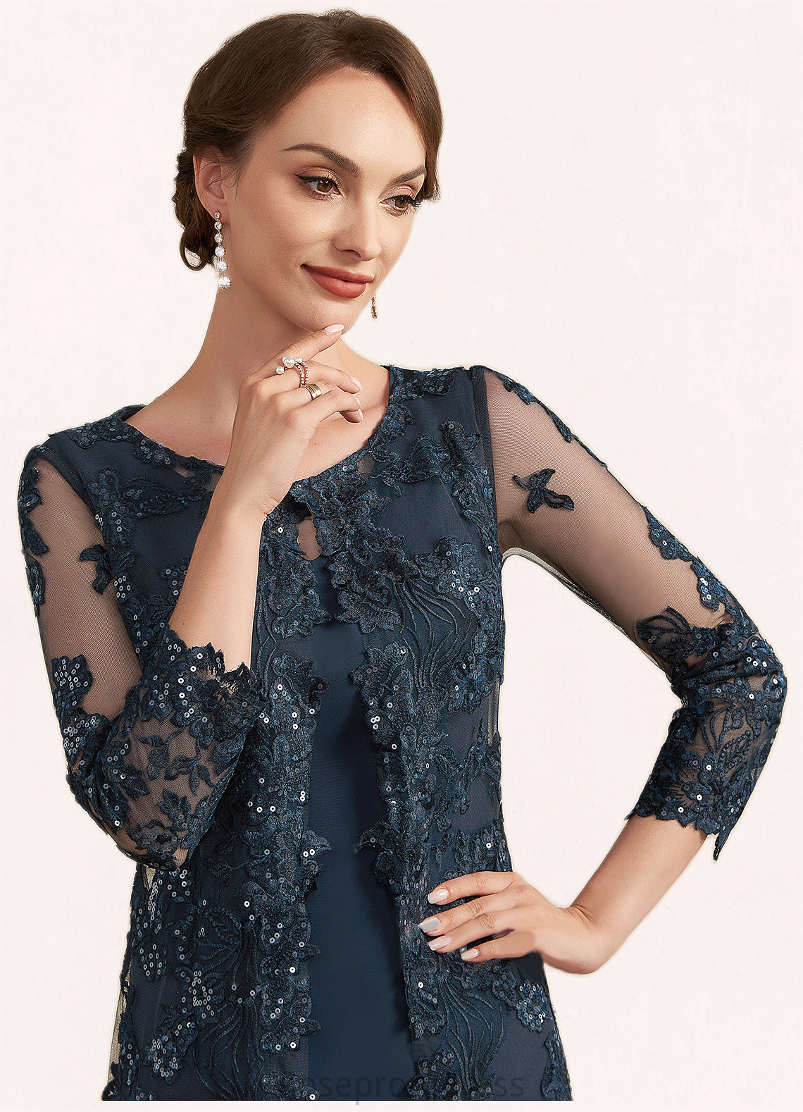 Penelope Sheath/Column Scoop Neck Knee-Length Chiffon Lace Mother of the Bride Dress With Sequins SRS126P0014771