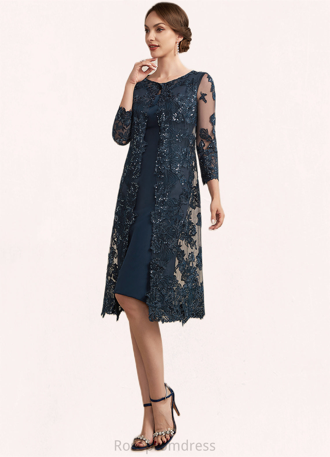 Penelope Sheath/Column Scoop Neck Knee-Length Chiffon Lace Mother of the Bride Dress With Sequins SRS126P0014771