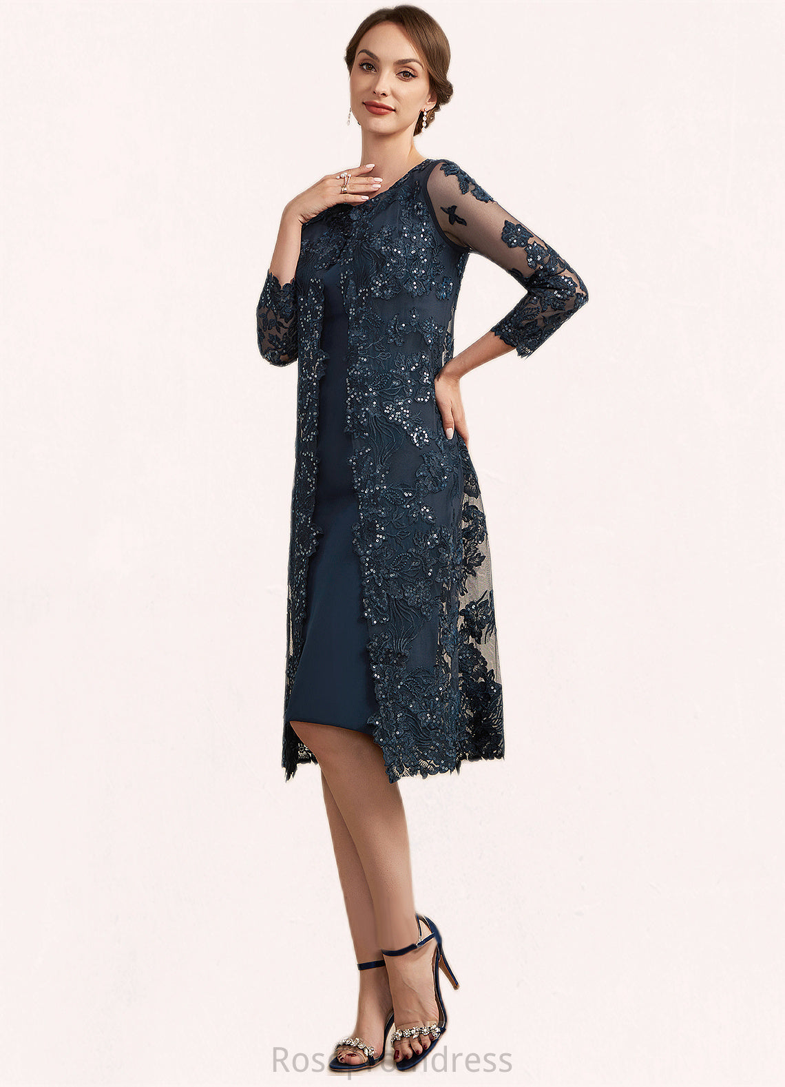 Penelope Sheath/Column Scoop Neck Knee-Length Chiffon Lace Mother of the Bride Dress With Sequins SRS126P0014771