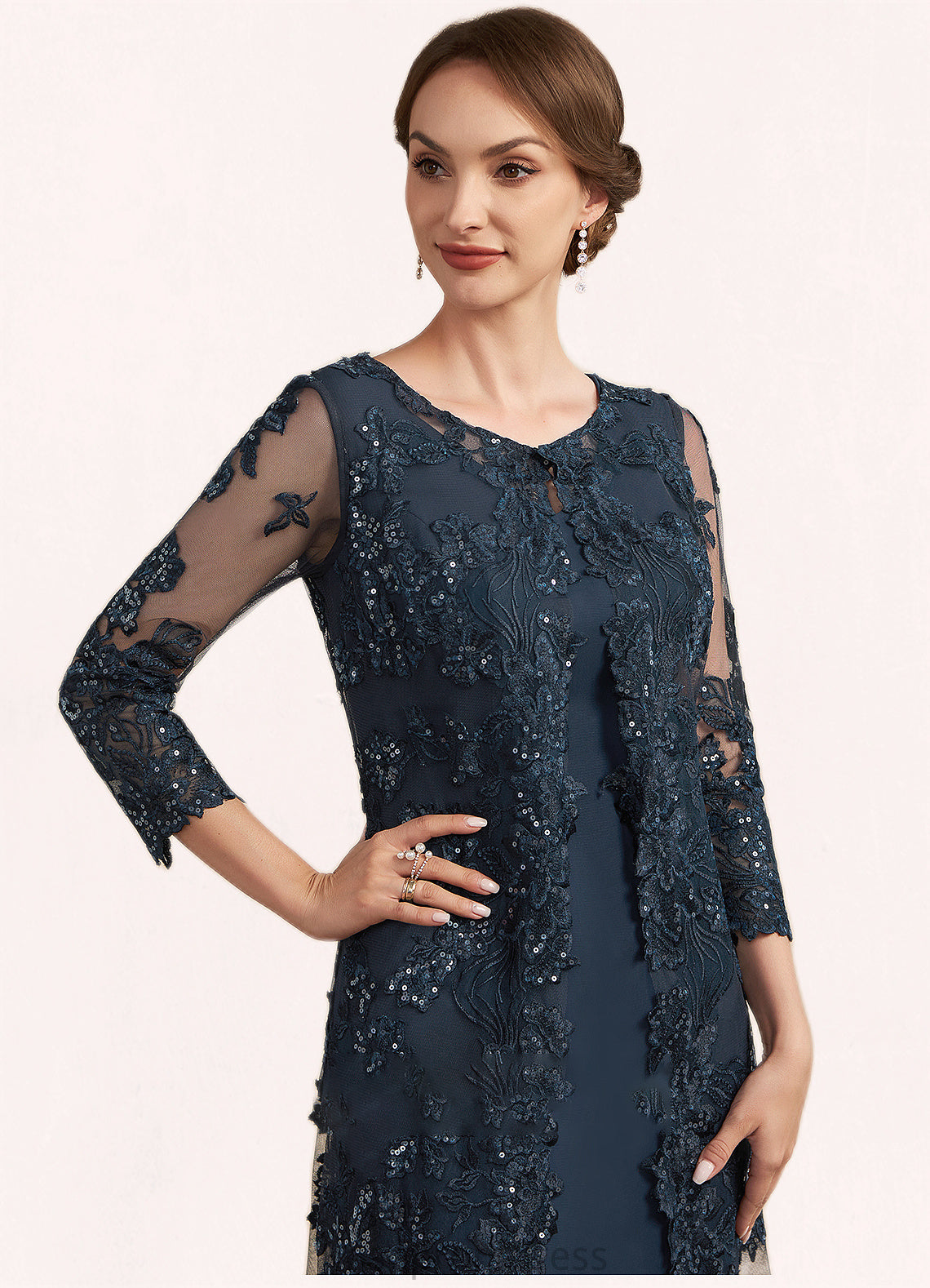 Penelope Sheath/Column Scoop Neck Knee-Length Chiffon Lace Mother of the Bride Dress With Sequins SRS126P0014771
