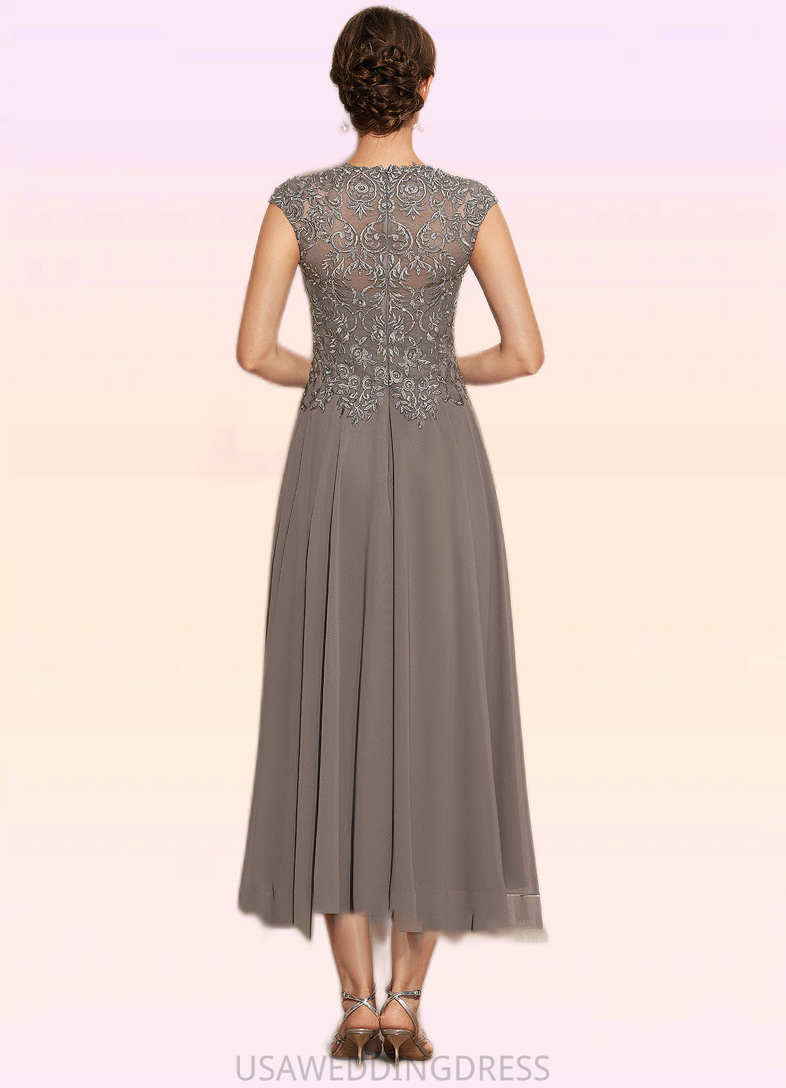 Karla A-Line Scoop Neck Tea-Length Chiffon Lace Mother of the Bride Dress With Beading DS126P0014774