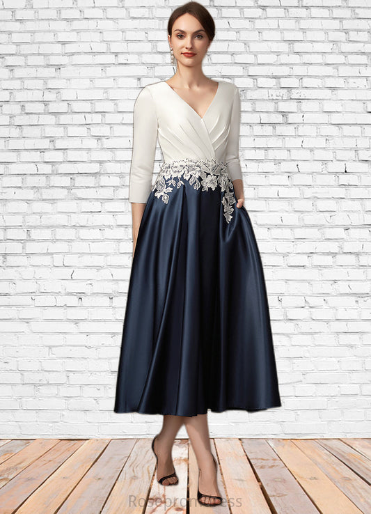 Jazmin A-Line V-neck Tea-Length Satin Mother of the Bride Dress With Ruffle Appliques Lace Pockets SRS126P0014778