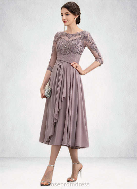 Kenley A-Line Scoop Neck Tea-Length Chiffon Lace Mother of the Bride Dress With Cascading Ruffles SRS126P0014780