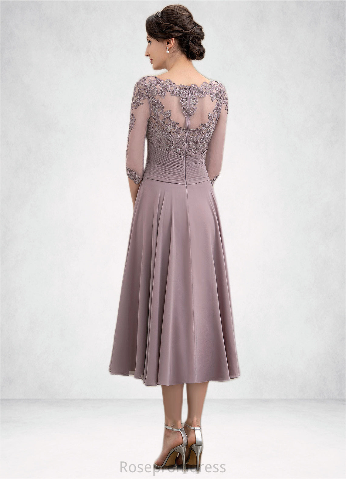 Kenley A-Line Scoop Neck Tea-Length Chiffon Lace Mother of the Bride Dress With Cascading Ruffles SRS126P0014780