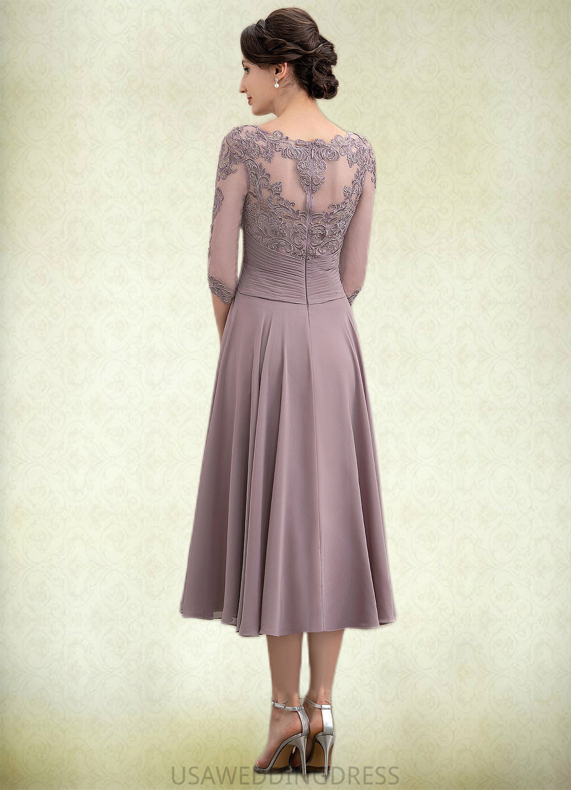 Brooklyn A-Line Scoop Neck Tea-Length Chiffon Lace Mother of the Bride Dress With Cascading Ruffles DS126P0014780