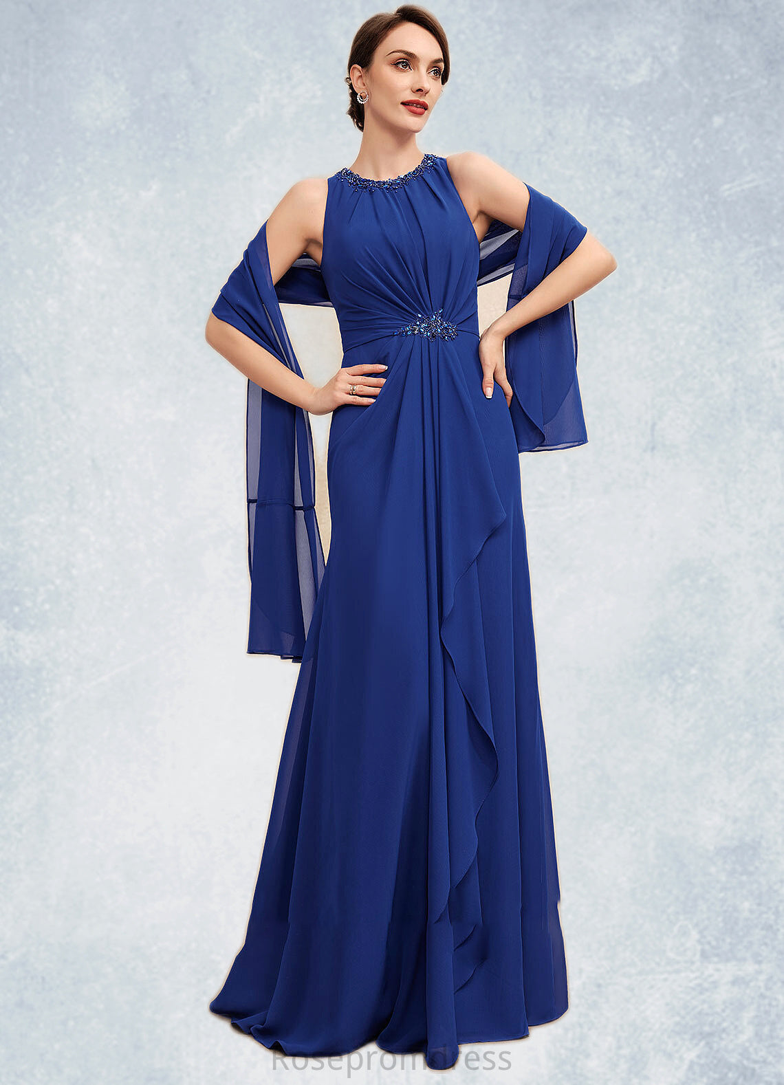 Reagan A-Line Scoop Neck Floor-Length Chiffon Mother of the Bride Dress With Beading Cascading Ruffles SRS126P0014781