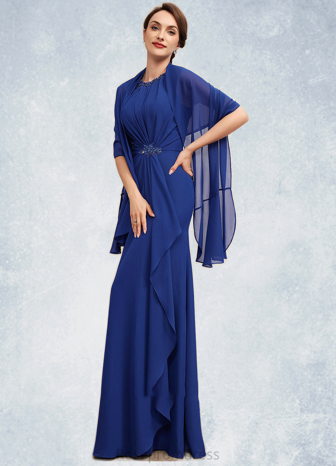 Reagan A-Line Scoop Neck Floor-Length Chiffon Mother of the Bride Dress With Beading Cascading Ruffles SRS126P0014781