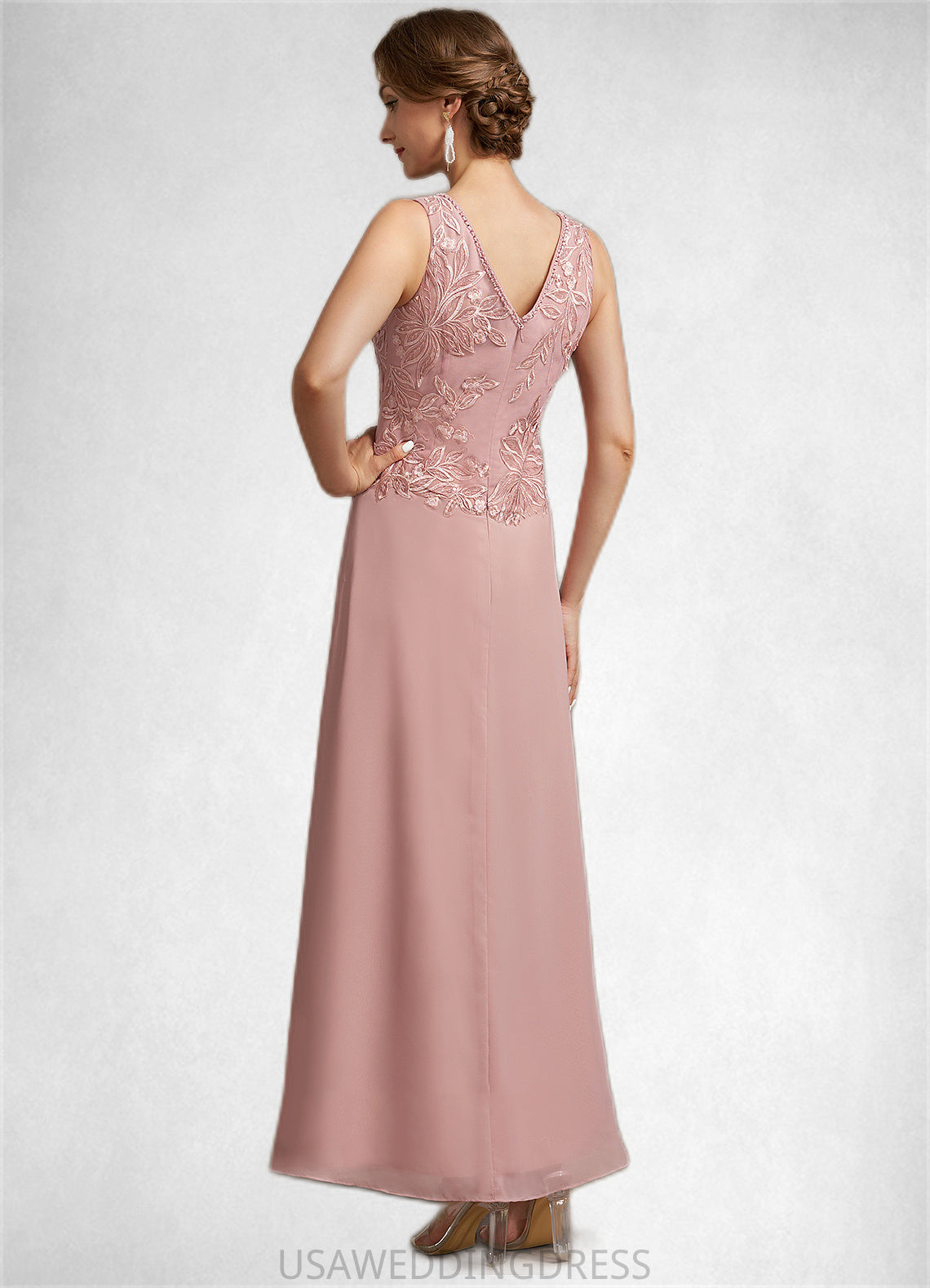 Janet A-Line V-neck Ankle-Length Chiffon Lace Mother of the Bride Dress With Beading Sequins DS126P0014784