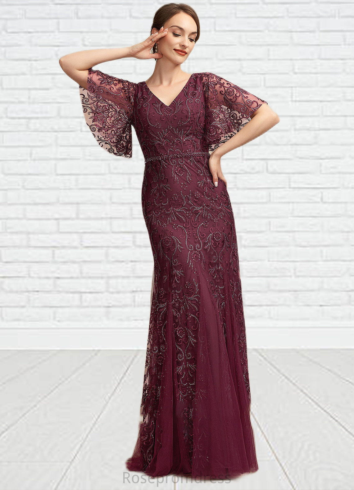 Aria Trumpet/Mermaid V-neck Floor-Length Tulle Lace Mother of the Bride Dress With Beading Sequins SRS126P0014786