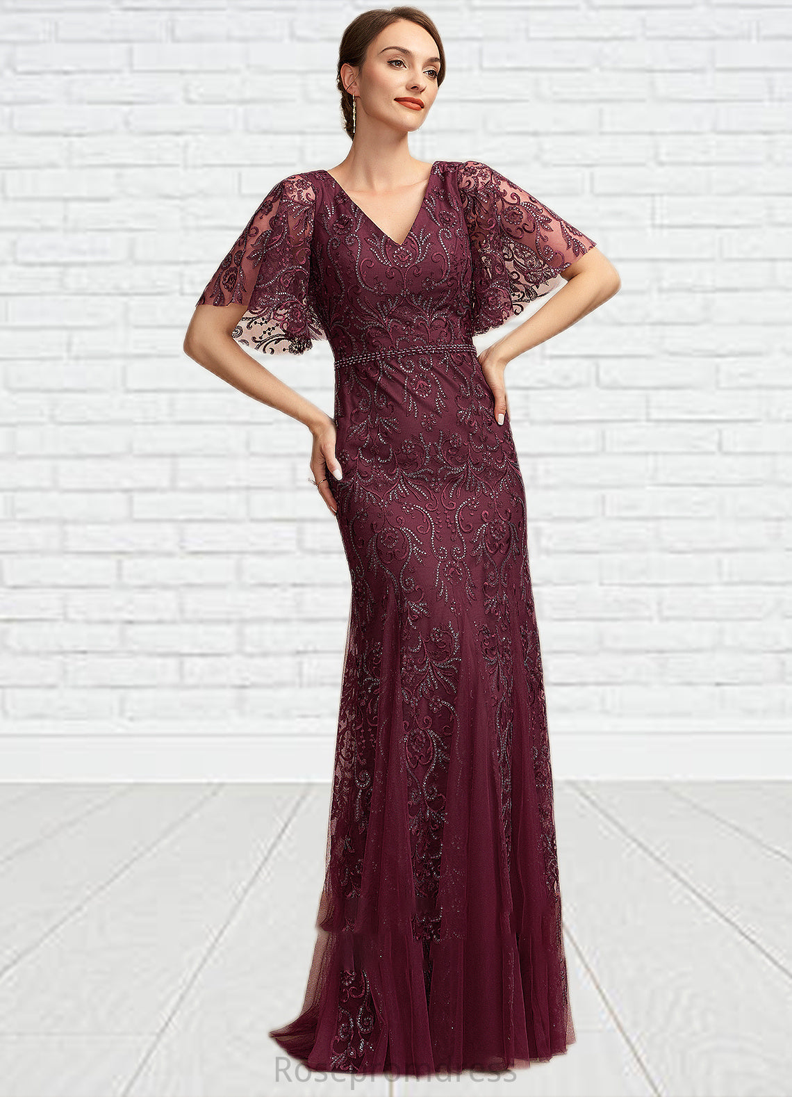 Aria Trumpet/Mermaid V-neck Floor-Length Tulle Lace Mother of the Bride Dress With Beading Sequins SRS126P0014786