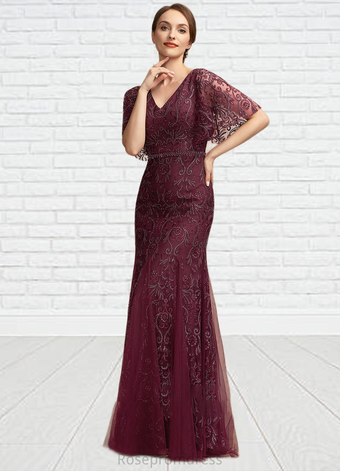 Aria Trumpet/Mermaid V-neck Floor-Length Tulle Lace Mother of the Bride Dress With Beading Sequins SRS126P0014786