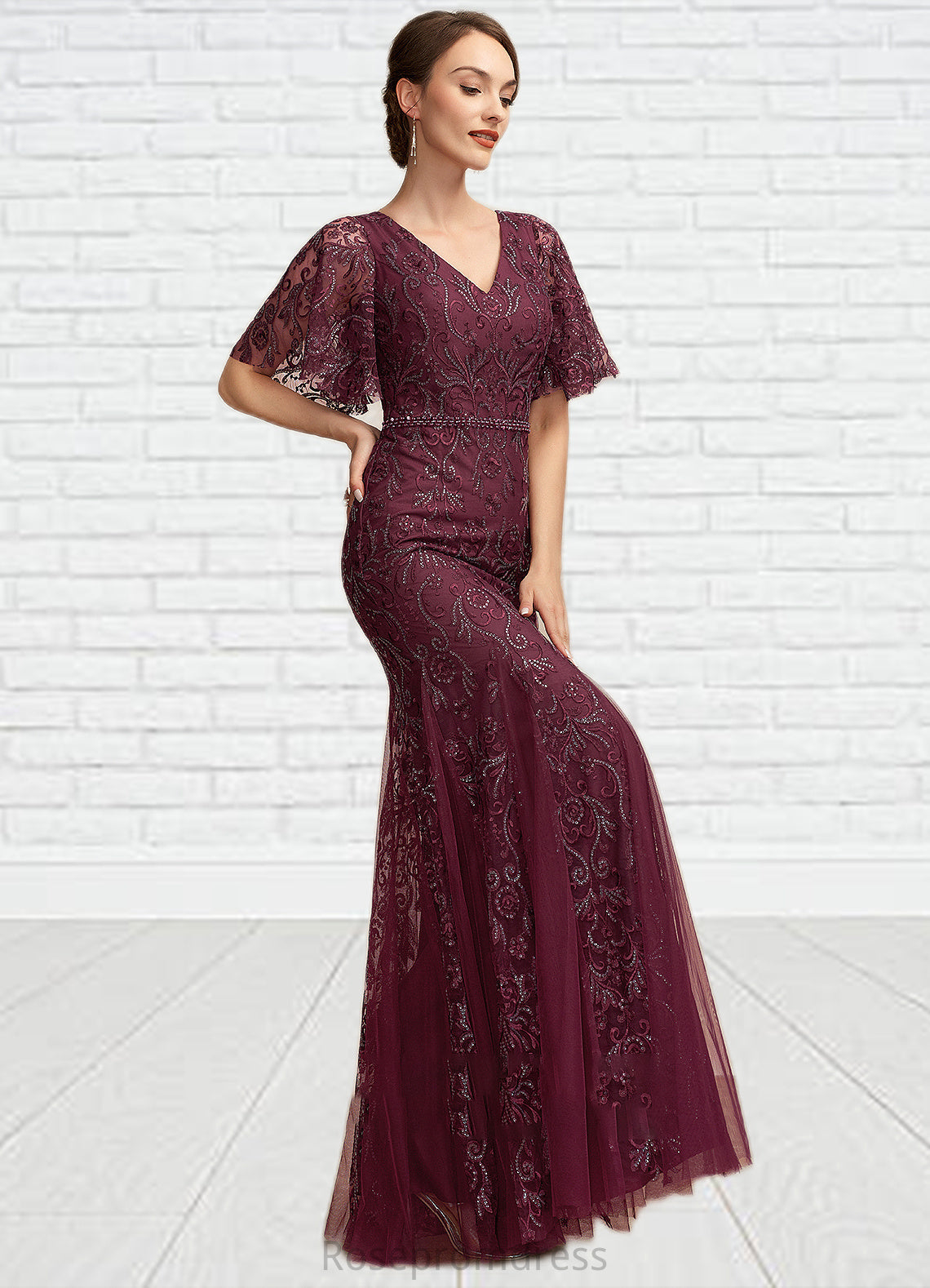Aria Trumpet/Mermaid V-neck Floor-Length Tulle Lace Mother of the Bride Dress With Beading Sequins SRS126P0014786