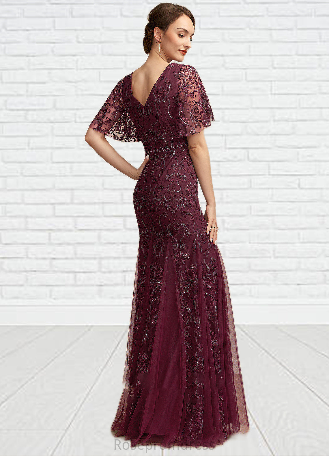 Aria Trumpet/Mermaid V-neck Floor-Length Tulle Lace Mother of the Bride Dress With Beading Sequins SRS126P0014786