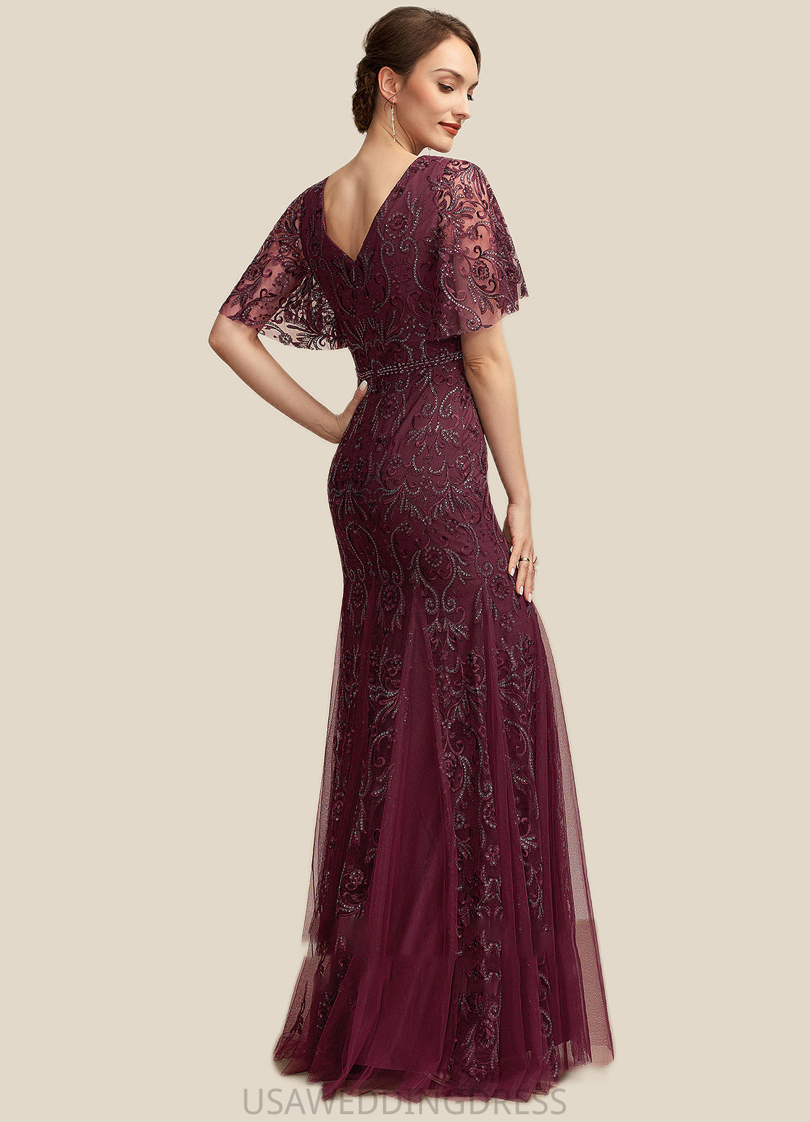 Lillian Trumpet/Mermaid V-neck Floor-Length Tulle Lace Mother of the Bride Dress With Beading Sequins DS126P0014786
