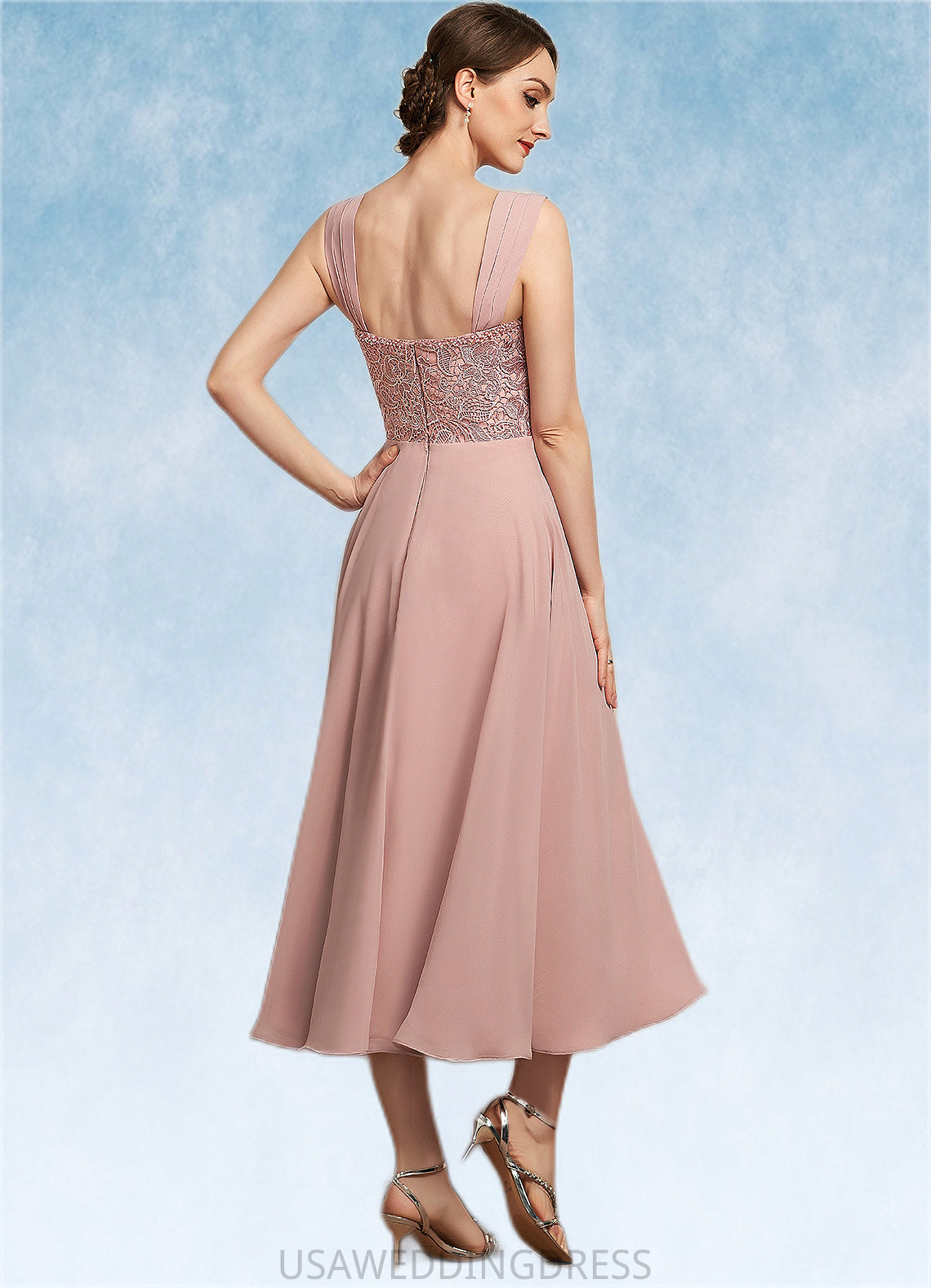 Makenna A-Line Square Neckline Tea-Length Chiffon Lace Mother of the Bride Dress With Beading Sequins DS126P0014789