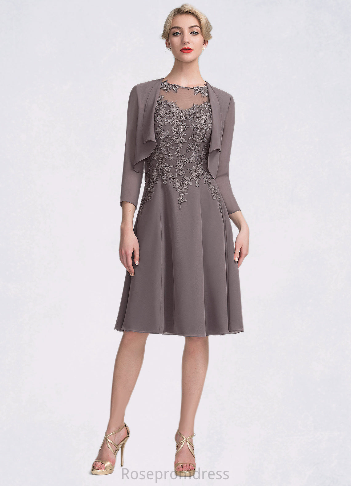 Melinda A-Line Scoop Neck Knee-Length Chiffon Lace Mother of the Bride Dress SRS126P0014790
