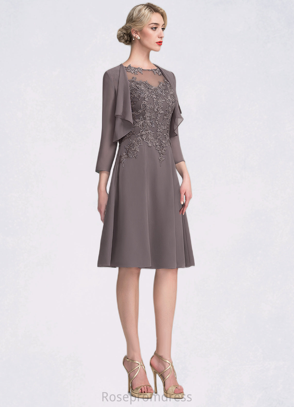 Melinda A-Line Scoop Neck Knee-Length Chiffon Lace Mother of the Bride Dress SRS126P0014790
