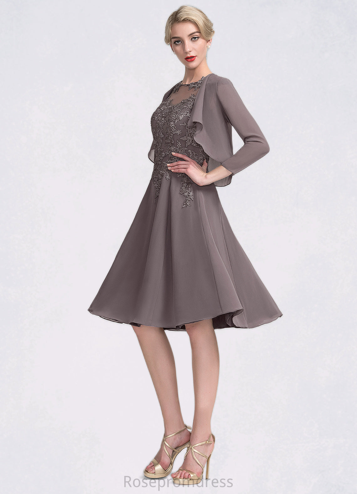 Melinda A-Line Scoop Neck Knee-Length Chiffon Lace Mother of the Bride Dress SRS126P0014790