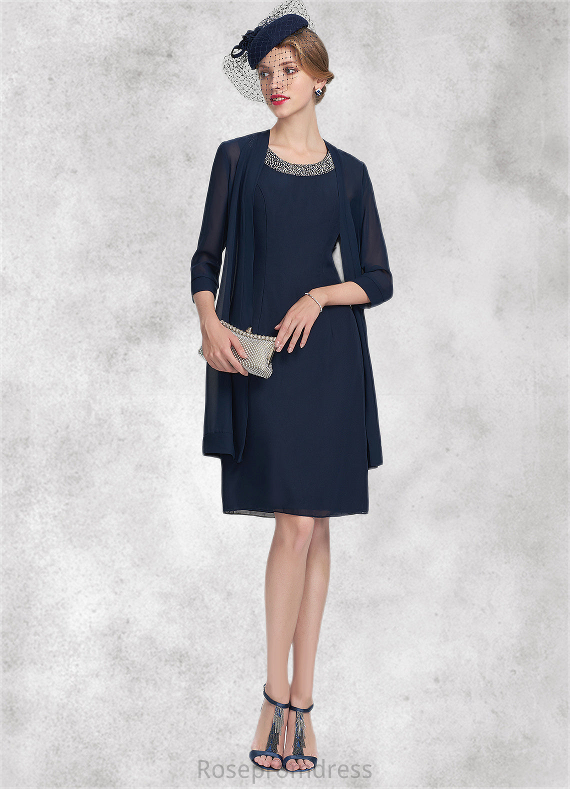 Riley A-Line Scoop Neck Knee-Length Chiffon Mother of the Bride Dress With Beading SRS126P0014791