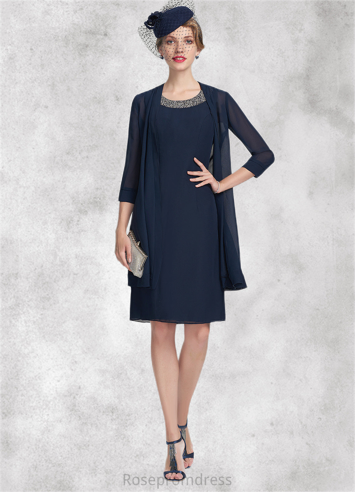 Riley A-Line Scoop Neck Knee-Length Chiffon Mother of the Bride Dress With Beading SRS126P0014791