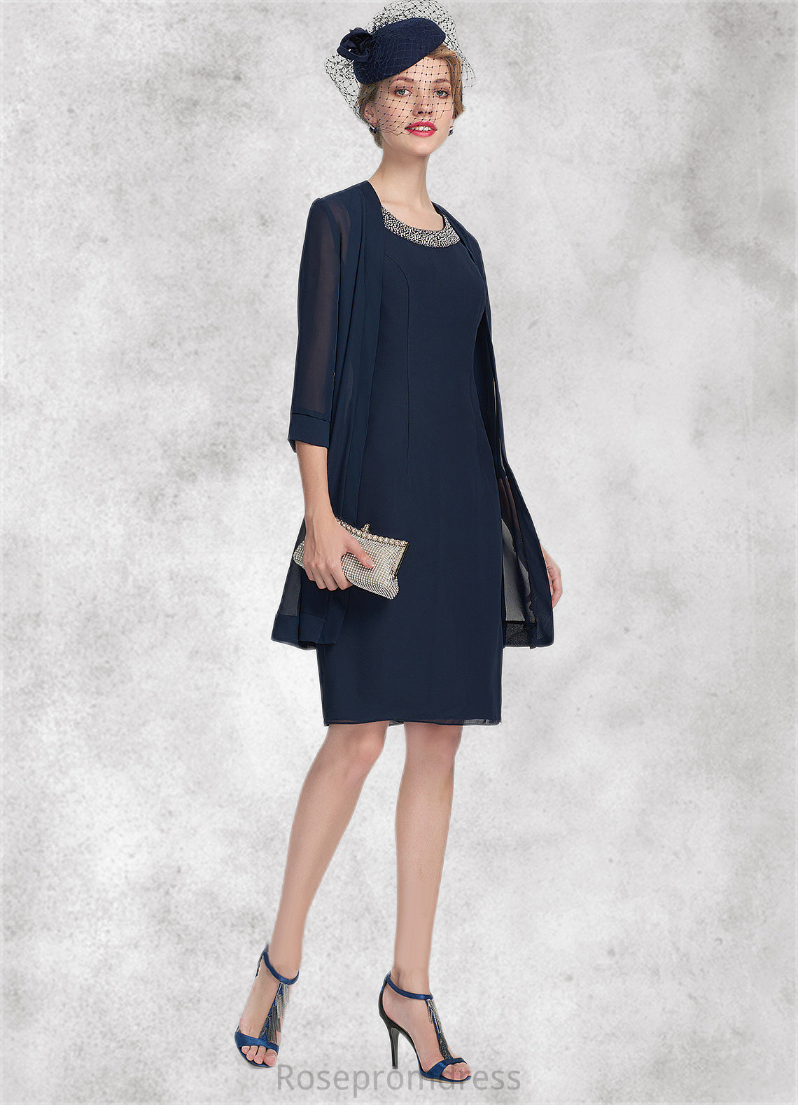 Riley A-Line Scoop Neck Knee-Length Chiffon Mother of the Bride Dress With Beading SRS126P0014791