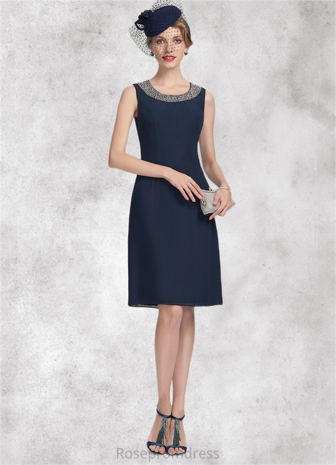 Riley A-Line Scoop Neck Knee-Length Chiffon Mother of the Bride Dress With Beading SRS126P0014791