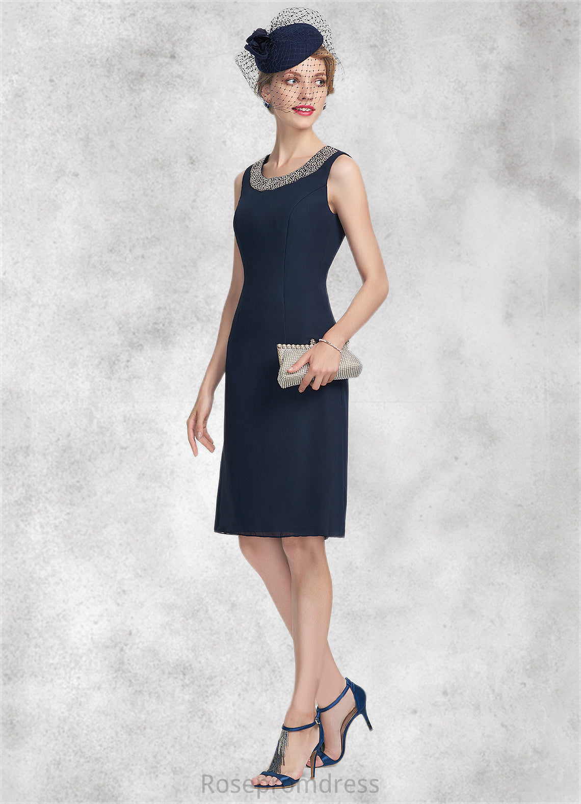 Riley A-Line Scoop Neck Knee-Length Chiffon Mother of the Bride Dress With Beading SRS126P0014791
