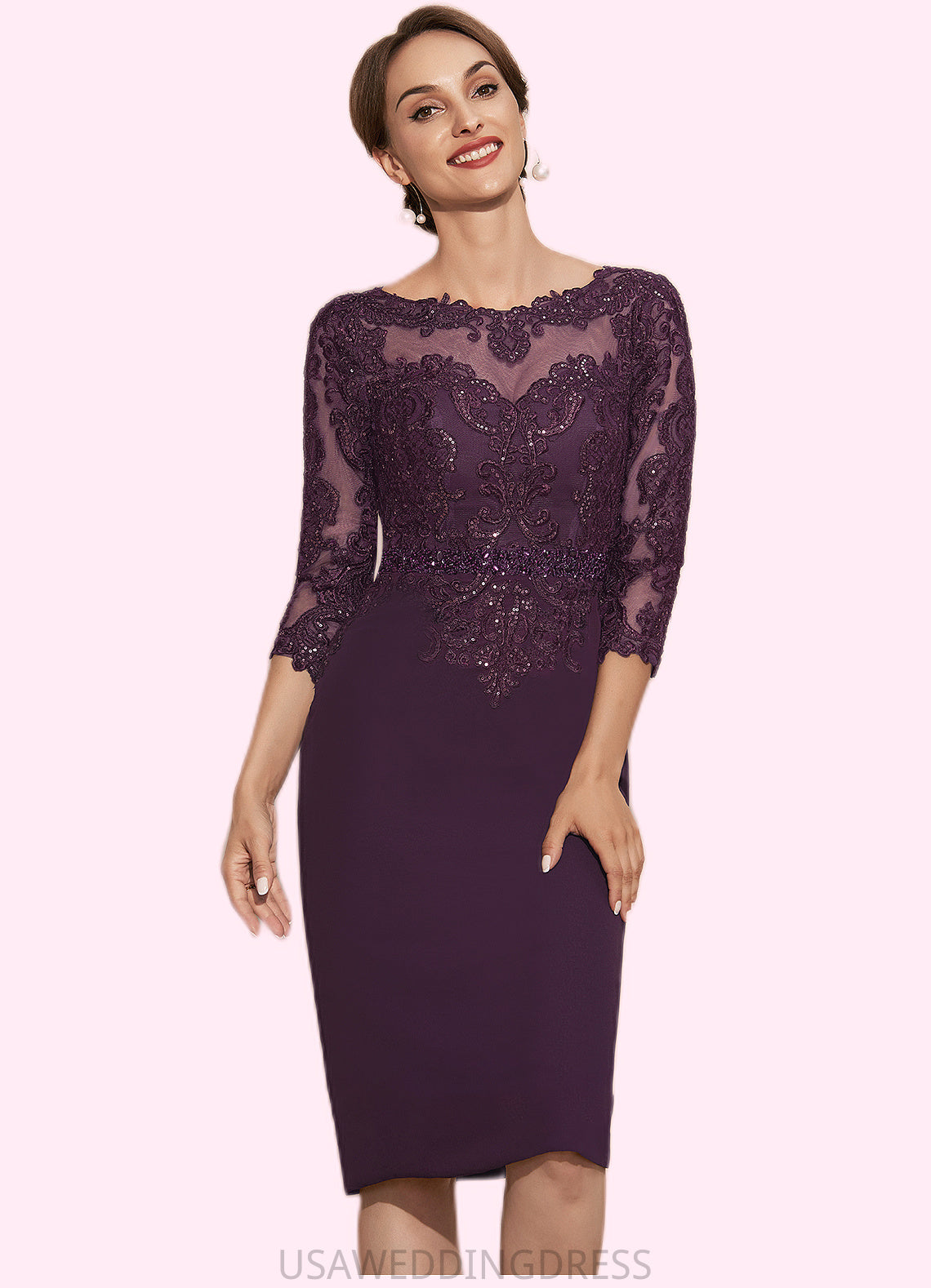 Adyson Sheath/Column Scoop Neck Knee-Length Chiffon Lace Mother of the Bride Dress With Beading DS126P0014794