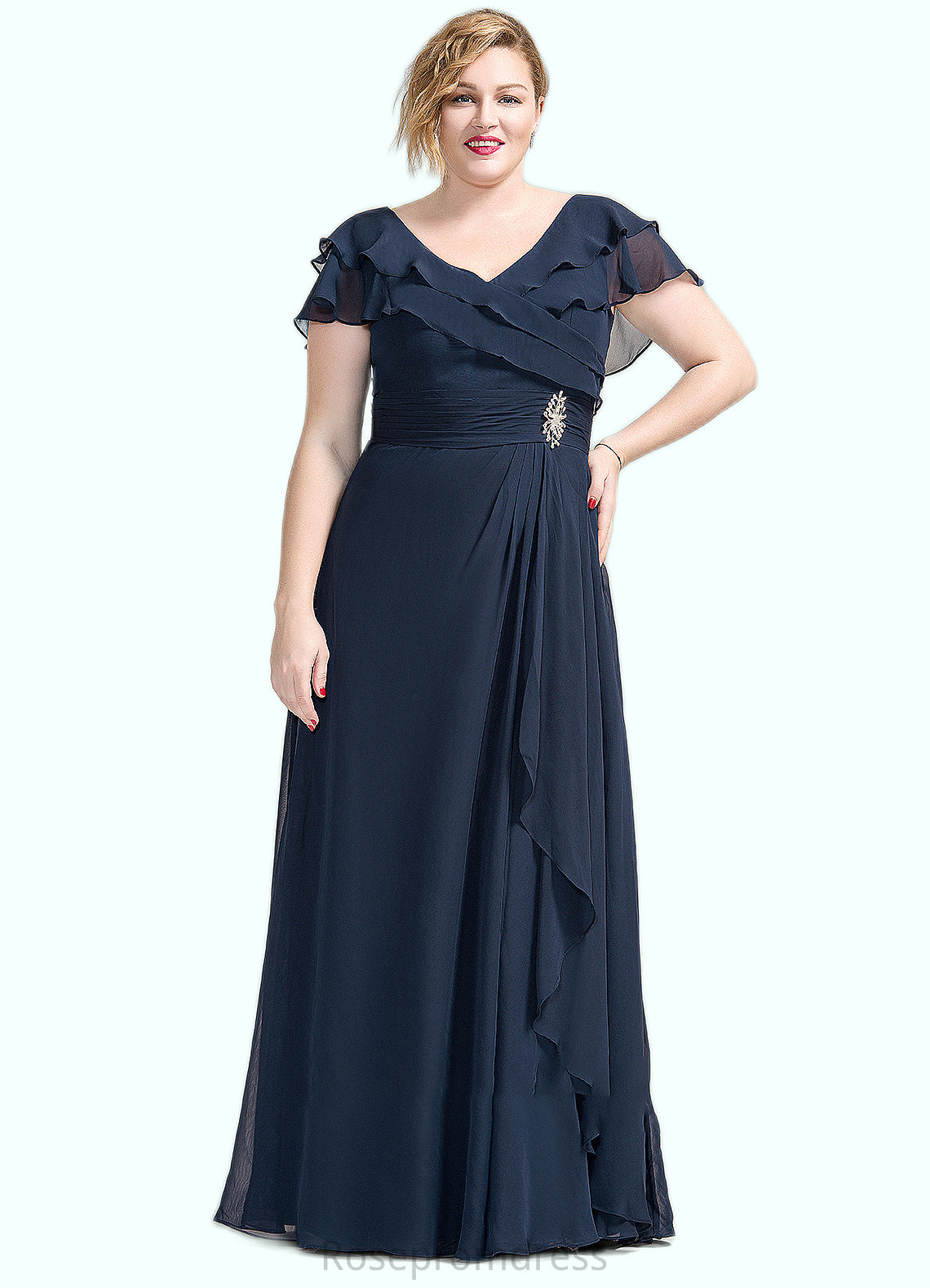 Ella A-Line V-neck Floor-Length Chiffon Mother of the Bride Dress With Crystal Brooch Cascading Ruffles SRS126P0014796