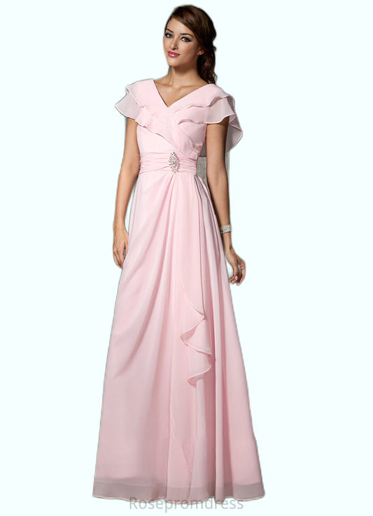 Ella A-Line V-neck Floor-Length Chiffon Mother of the Bride Dress With Crystal Brooch Cascading Ruffles SRS126P0014796