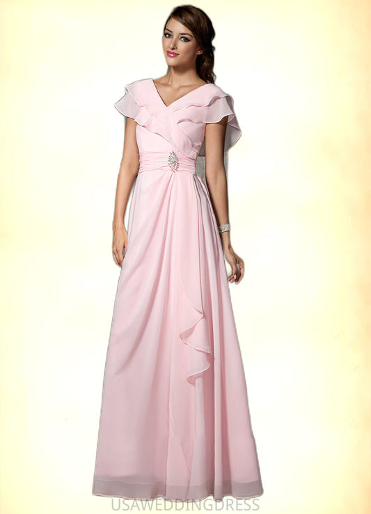 Armani A-Line V-neck Floor-Length Chiffon Mother of the Bride Dress With Crystal Brooch Cascading Ruffles DS126P0014796