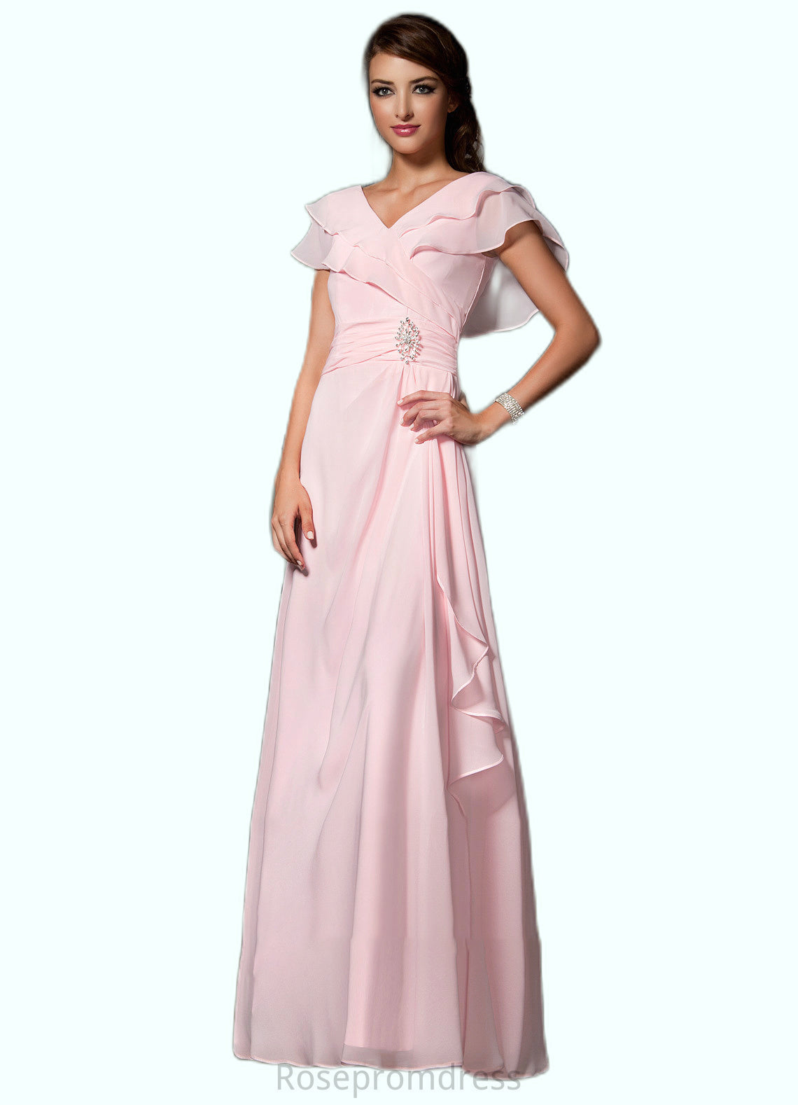 Ella A-Line V-neck Floor-Length Chiffon Mother of the Bride Dress With Crystal Brooch Cascading Ruffles SRS126P0014796