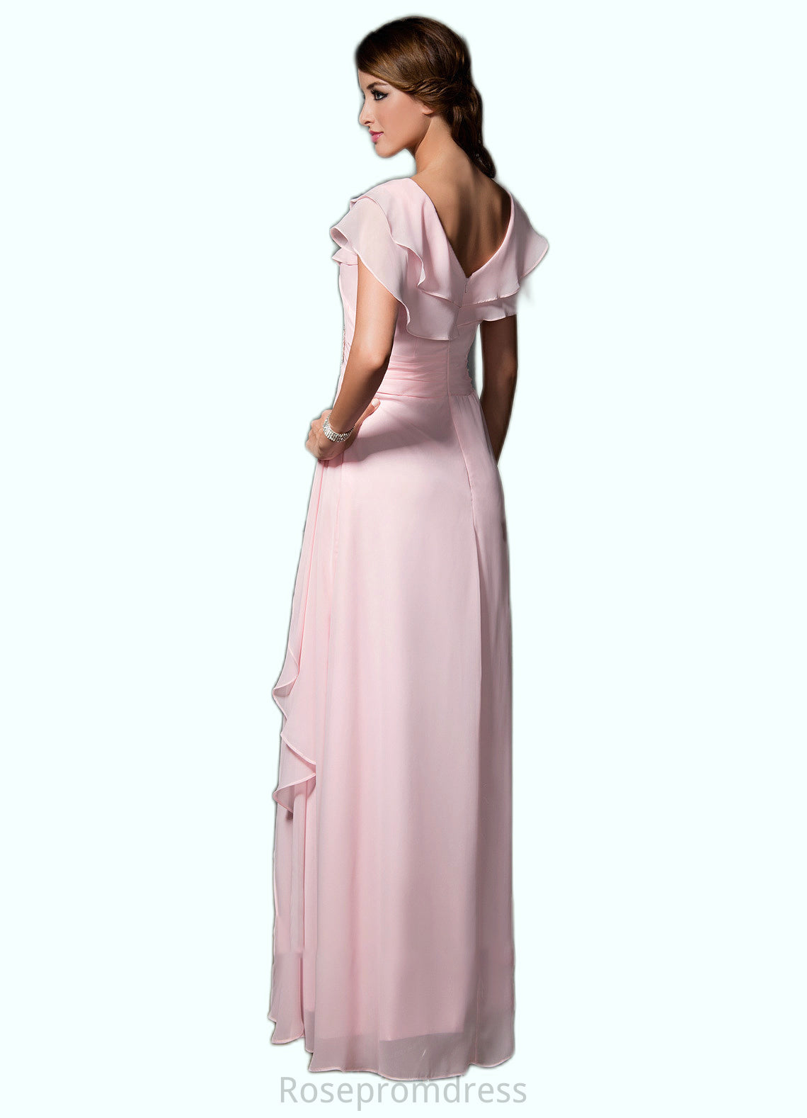 Ella A-Line V-neck Floor-Length Chiffon Mother of the Bride Dress With Crystal Brooch Cascading Ruffles SRS126P0014796