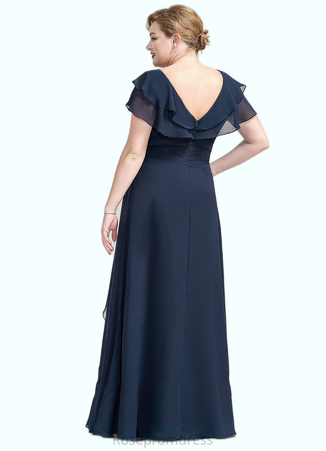 Ella A-Line V-neck Floor-Length Chiffon Mother of the Bride Dress With Crystal Brooch Cascading Ruffles SRS126P0014796