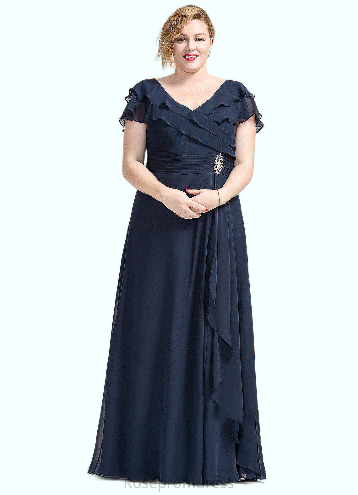 Ella A-Line V-neck Floor-Length Chiffon Mother of the Bride Dress With Crystal Brooch Cascading Ruffles SRS126P0014796