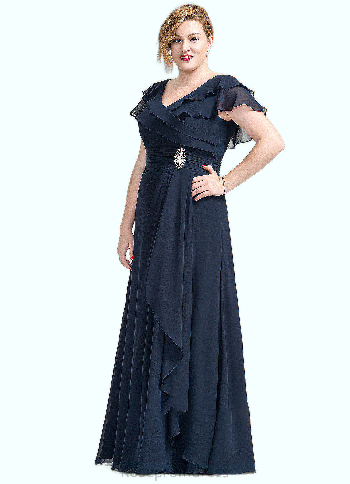 Ella A-Line V-neck Floor-Length Chiffon Mother of the Bride Dress With Crystal Brooch Cascading Ruffles SRS126P0014796
