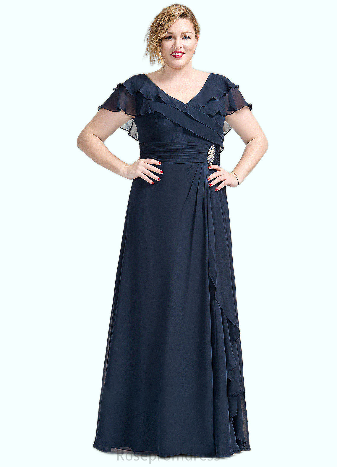 Ella A-Line V-neck Floor-Length Chiffon Mother of the Bride Dress With Crystal Brooch Cascading Ruffles SRS126P0014796