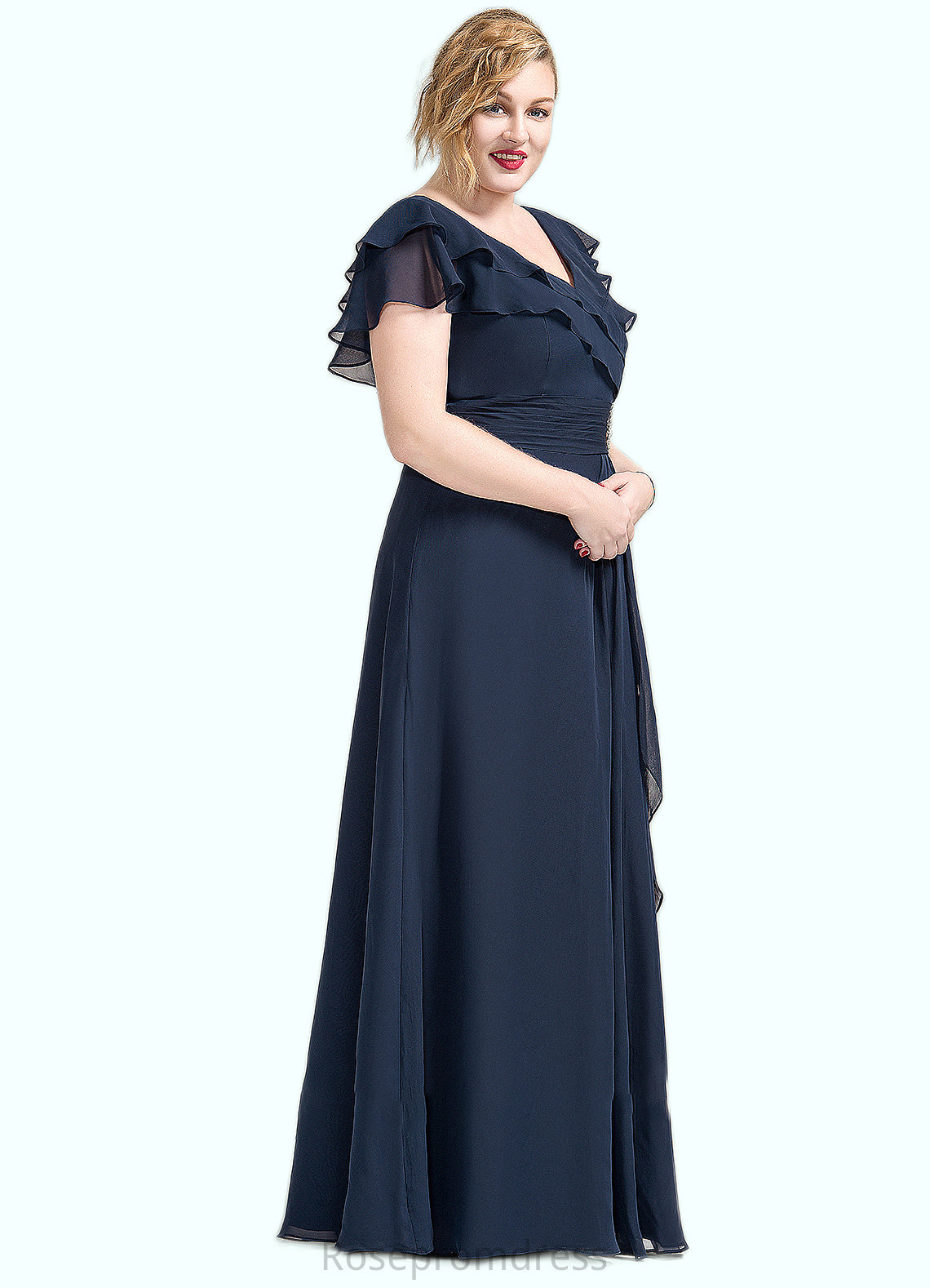 Ella A-Line V-neck Floor-Length Chiffon Mother of the Bride Dress With Crystal Brooch Cascading Ruffles SRS126P0014796