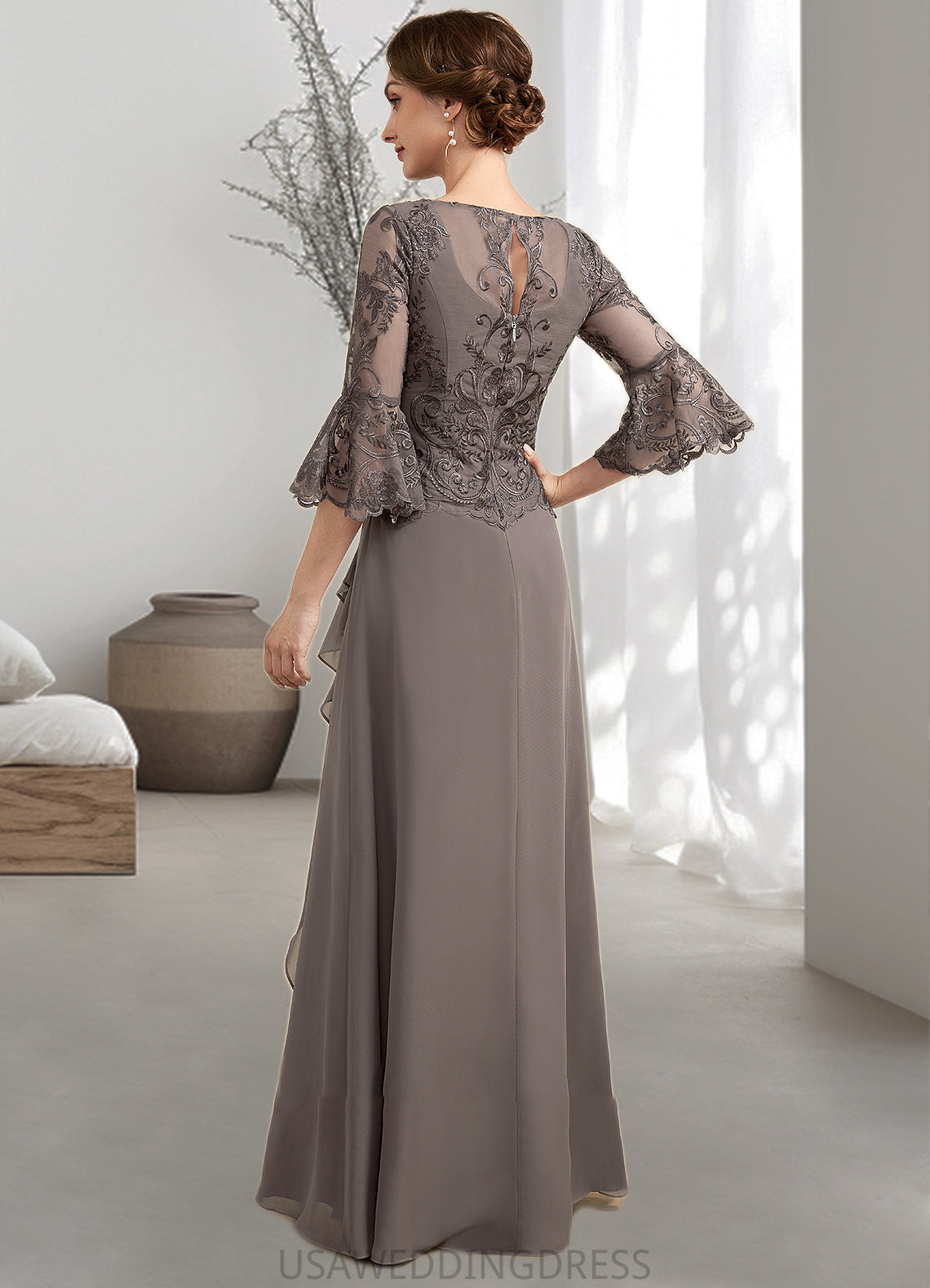 Alma A-Line Scoop Neck Floor-Length Chiffon Lace Mother of the Bride Dress With Beading Cascading Ruffles DS126P0014797