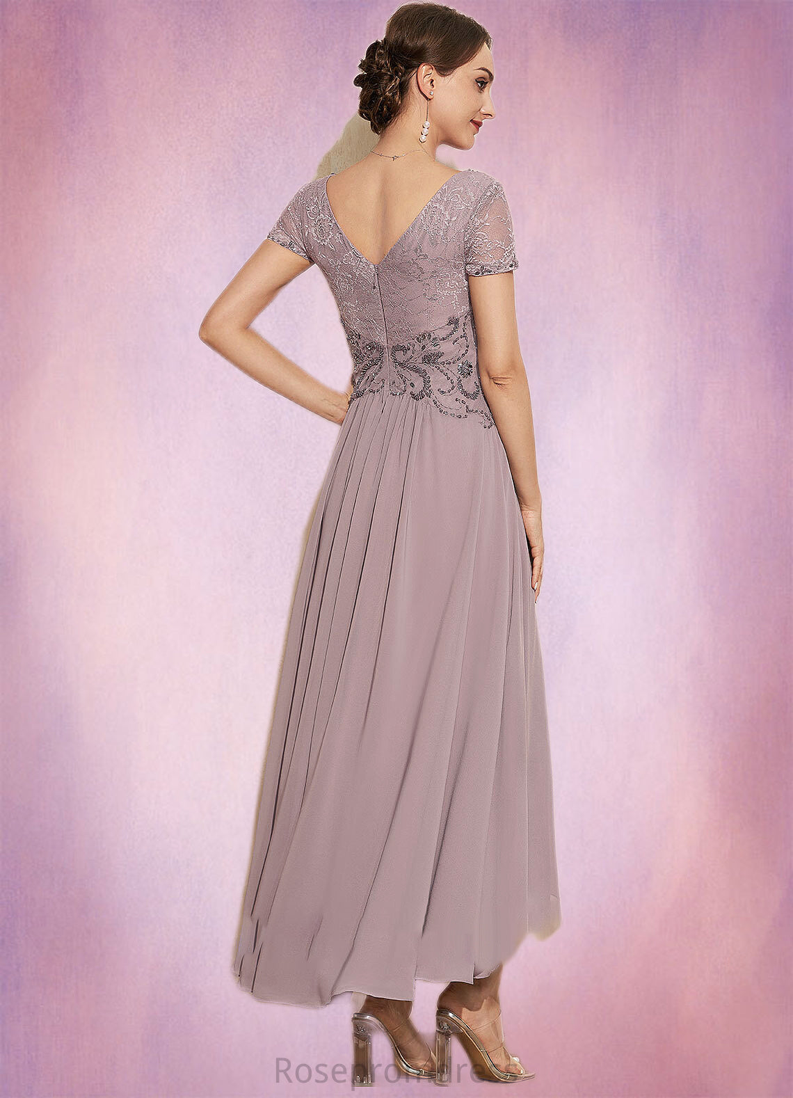 Laylah A-Line V-neck Asymmetrical Chiffon Lace Mother of the Bride Dress With Beading SRS126P0014799