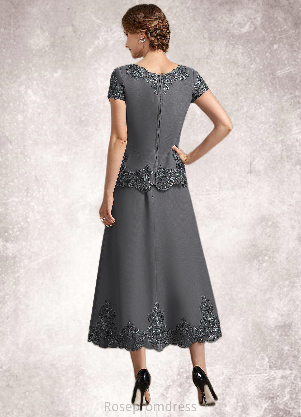 Lillianna A-Line Scoop Neck Tea-Length Chiffon Lace Mother of the Bride Dress With Sequins SRS126P0014800
