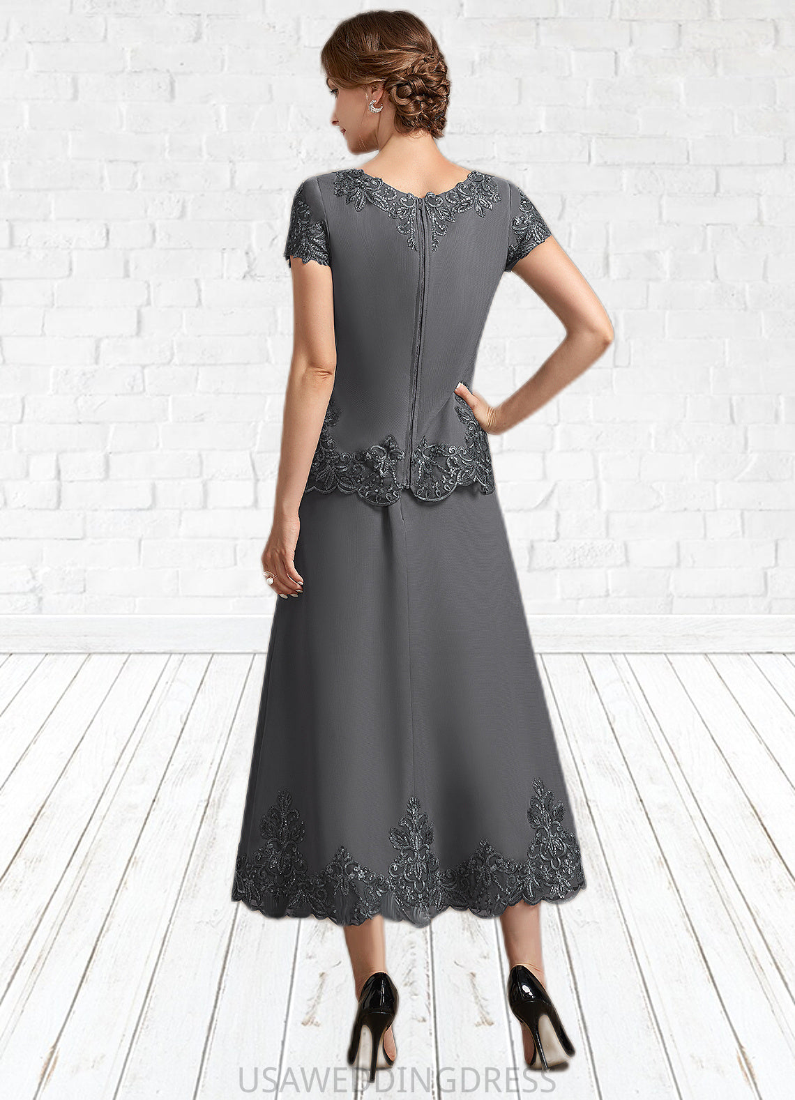 Aurora A-Line Scoop Neck Tea-Length Chiffon Lace Mother of the Bride Dress With Sequins DS126P0014800