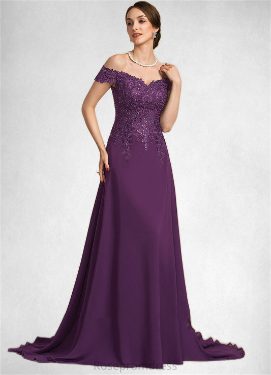 Olivia A-Line Off-the-Shoulder Sweep Train Chiffon Lace Mother of the Bride Dress With Beading Sequins SRS126P0014801