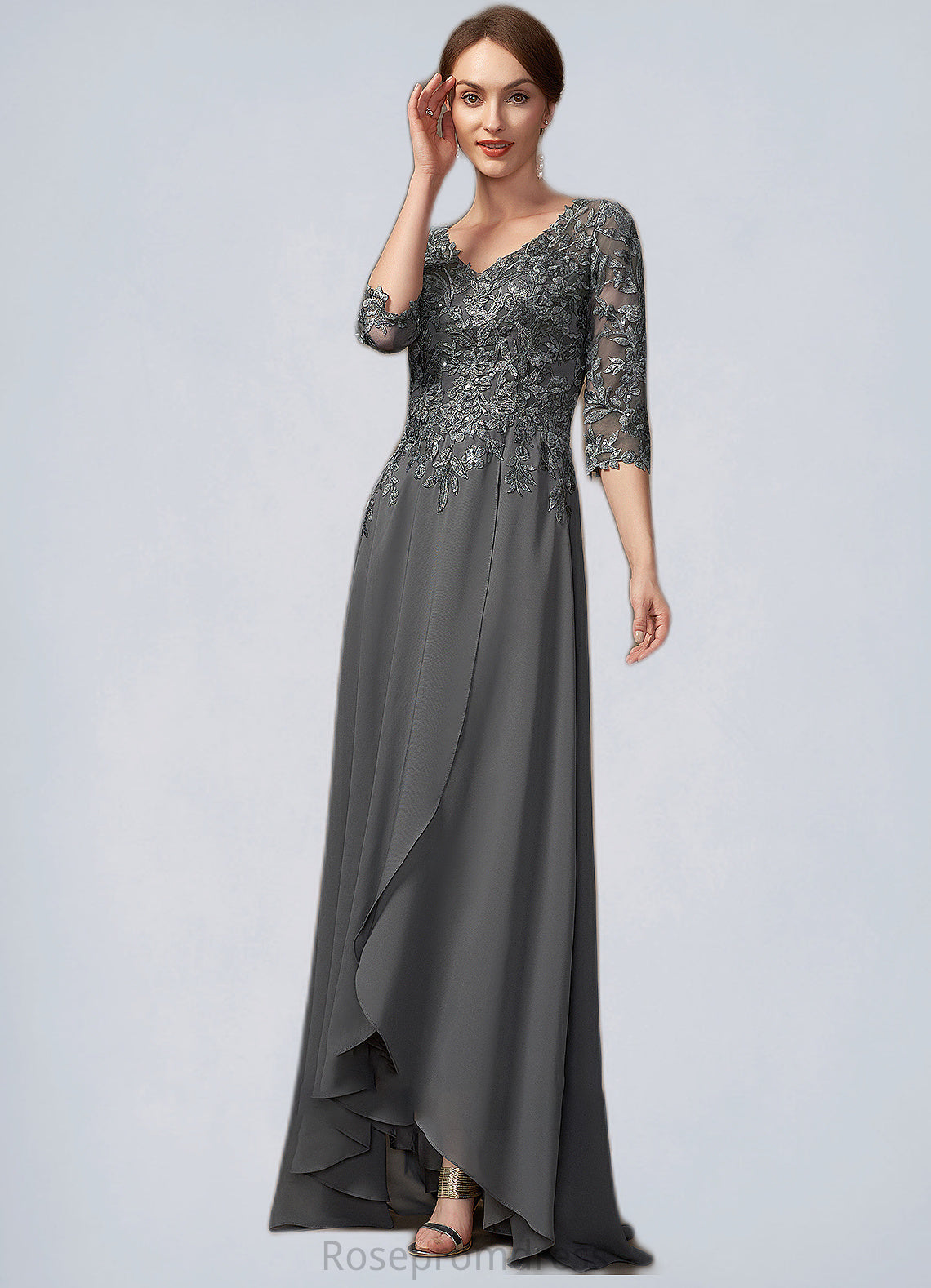 Jaylah A-Line V-neck Asymmetrical Chiffon Lace Mother of the Bride Dress With Sequins SRS126P0014803