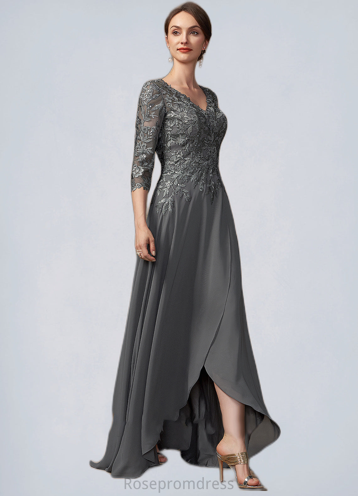Jaylah A-Line V-neck Asymmetrical Chiffon Lace Mother of the Bride Dress With Sequins SRS126P0014803