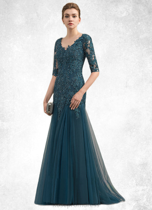 Denise Trumpet/Mermaid V-neck Sweep Train Tulle Lace Mother of the Bride Dress With Beading Sequins SRS126P0014804