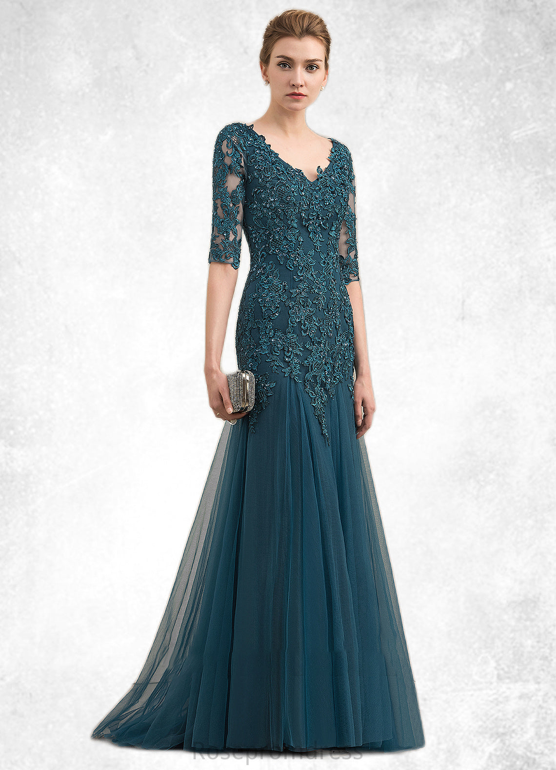 Denise Trumpet/Mermaid V-neck Sweep Train Tulle Lace Mother of the Bride Dress With Beading Sequins SRS126P0014804