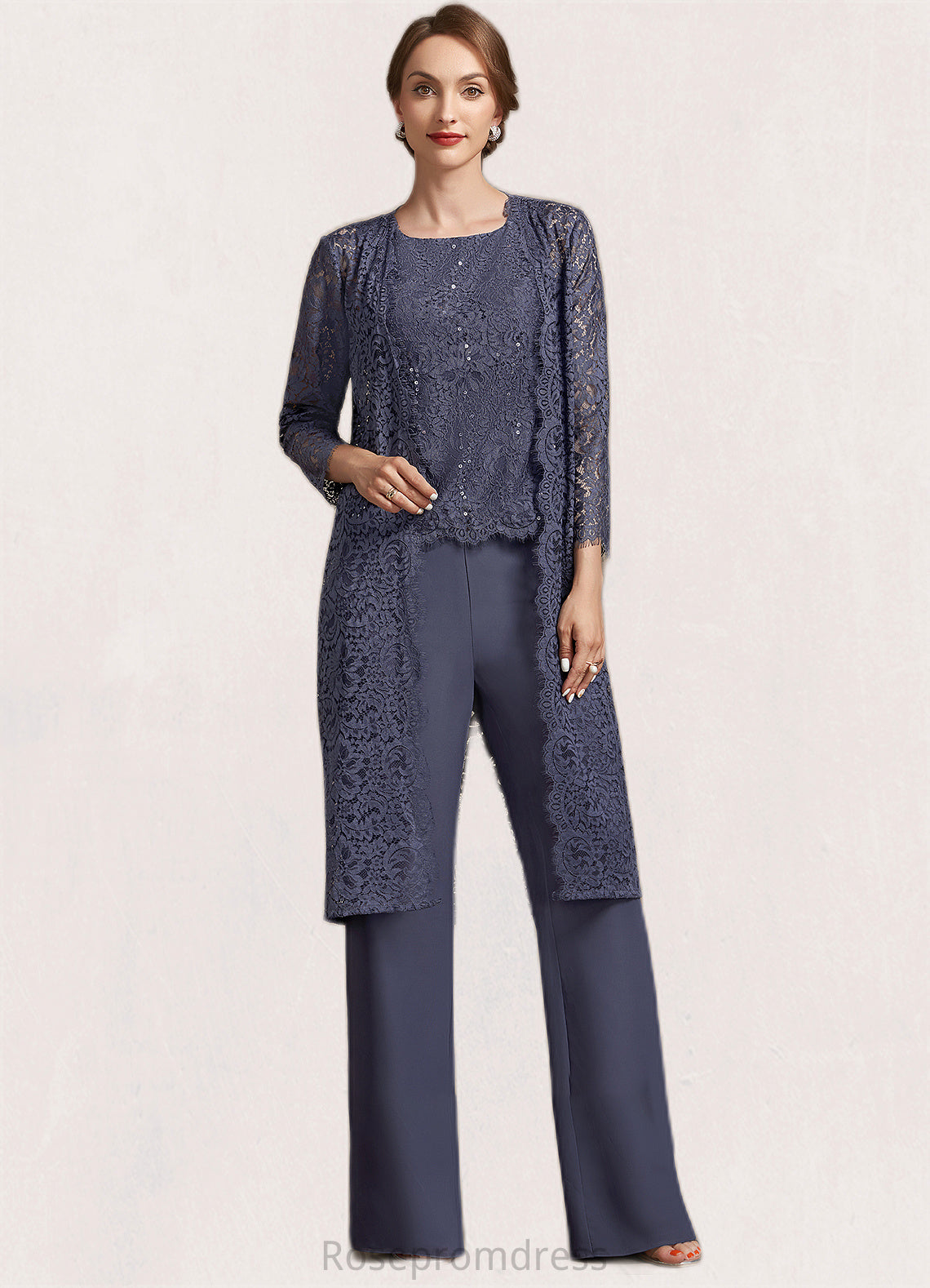 Olive Jumpsuit/Pantsuit Scoop Neck Floor-Length Chiffon Lace Mother of the Bride Dress With Sequins SRS126P0014805