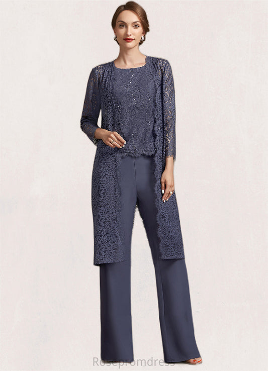 Olive Jumpsuit/Pantsuit Scoop Neck Floor-Length Chiffon Lace Mother of the Bride Dress With Sequins SRS126P0014805