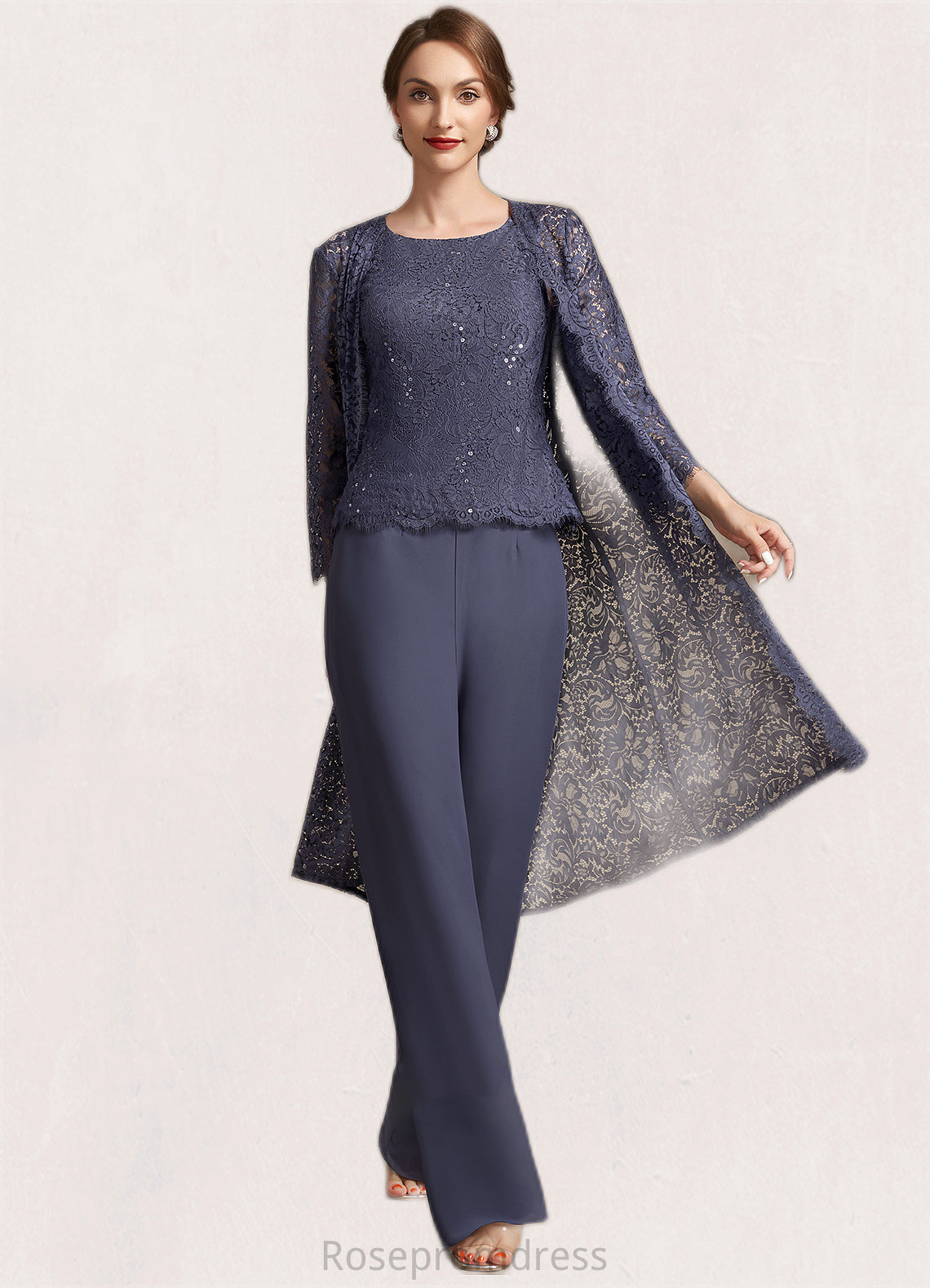 Olive Jumpsuit/Pantsuit Scoop Neck Floor-Length Chiffon Lace Mother of the Bride Dress With Sequins SRS126P0014805